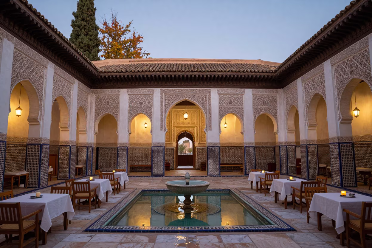 Dawn Riad Breakfast Courtyard Fountain in in a courtyard prepared for breakfast service in Mouassine, Marrakech
