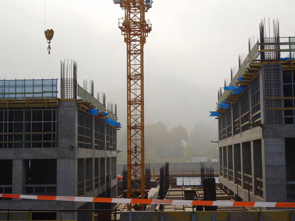 Dawn Rigging at Yunnan Construction Site in beside a framed building shell in Yunnan