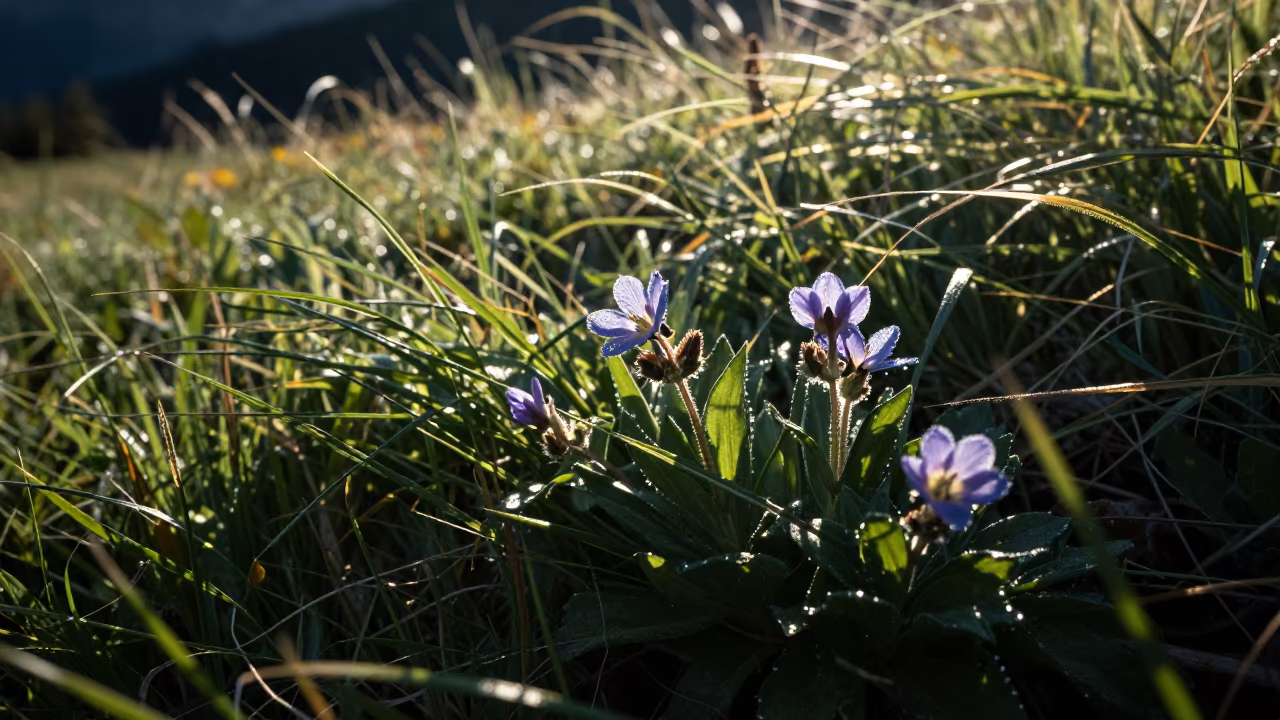 Dawn Rim Light on Alpine Wildflowers in in a bloom-heavy meadow in British Columbia