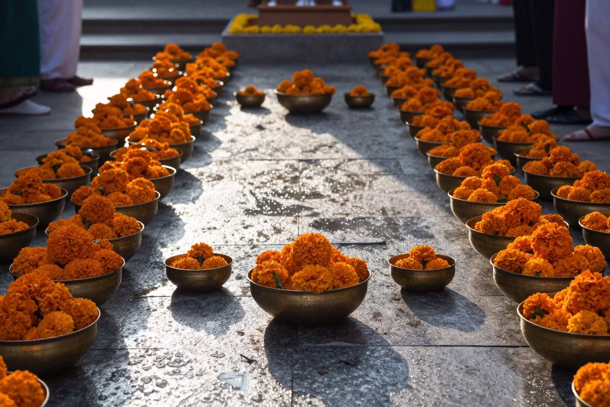 Dawn Ritual Offering Market with Marigolds in Araure in in a ceremonial hall in Araure