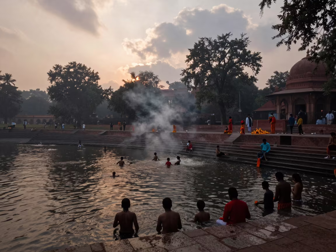 Dawn Rituals on Delhi Ghat Bathing in in a cloister garden in Delhi