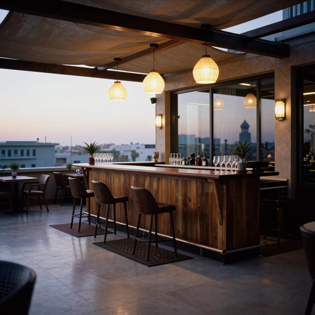 Dawn Rooftop Lounge Desk Bokhtar in at a reception desk under warm light near Bokhtar