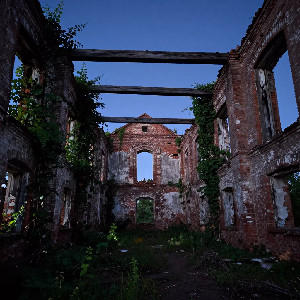 Dawn Ruins Colonial Church Termite Hollowed Beams in along a vine-choked corridor near Nizhny Novgorod