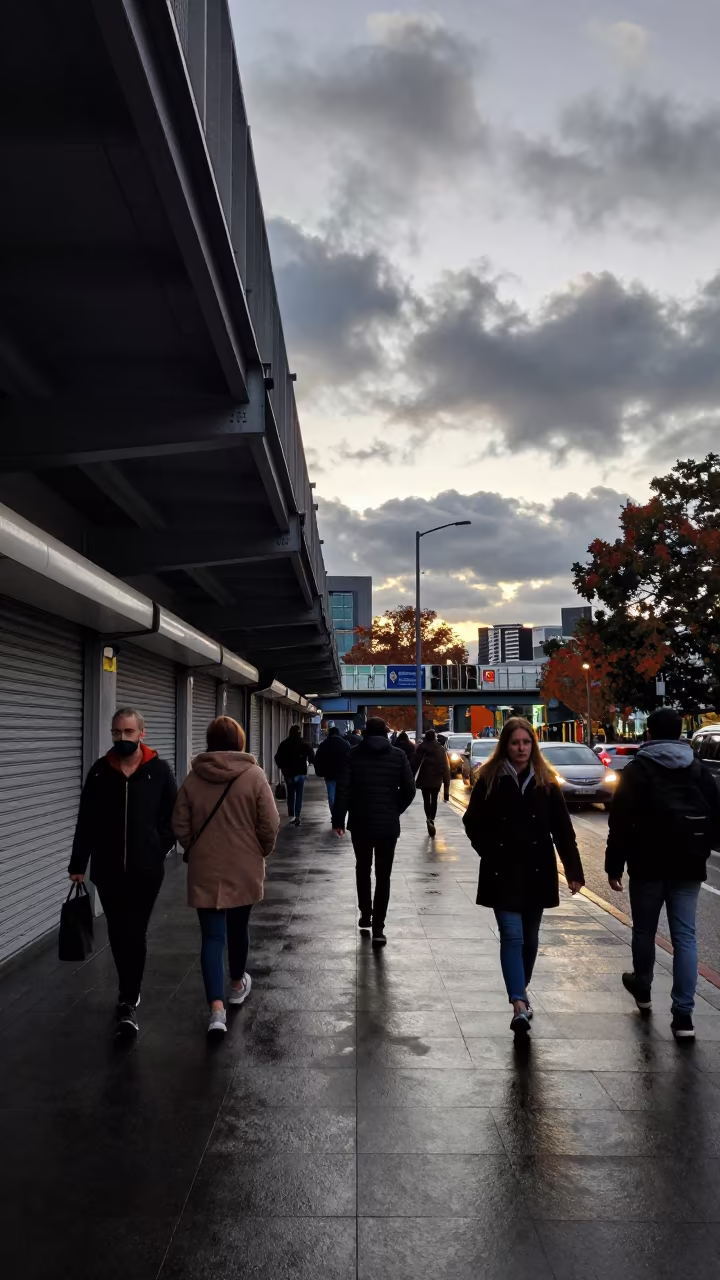 Dawn Rush Under Brisbane Rail Overpass in along a shuttered arcade in Brisbane