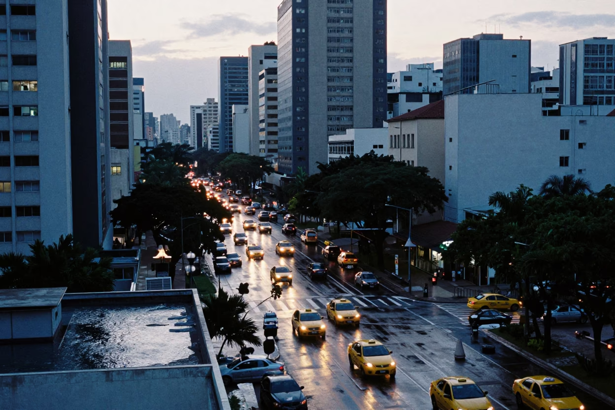 Dawn Rush in São Paulo Yellow Taxi Traffic and Rooftop Water Tower View in in São Paulo, Brazil