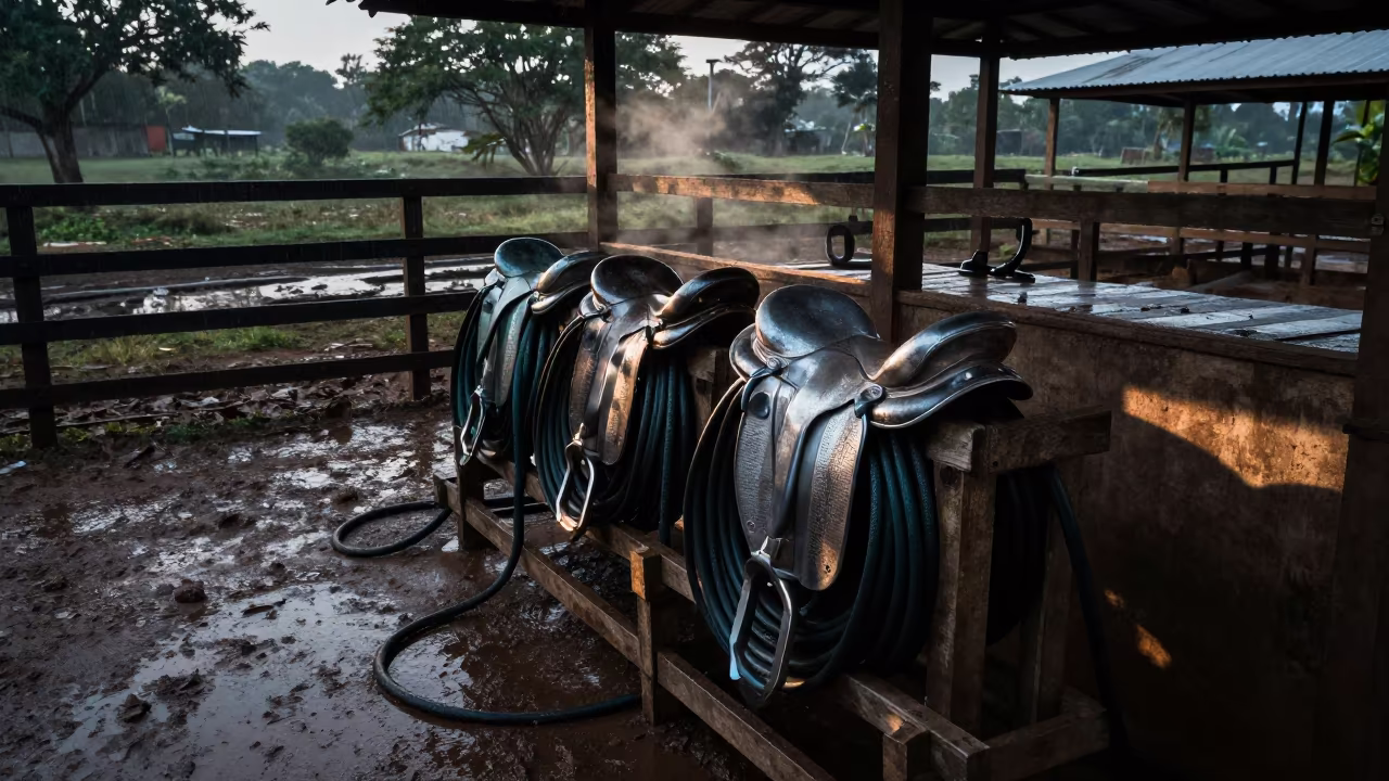 Dawn saddle room muddy paddock Gabon in along a muddy paddock fence in Gabon