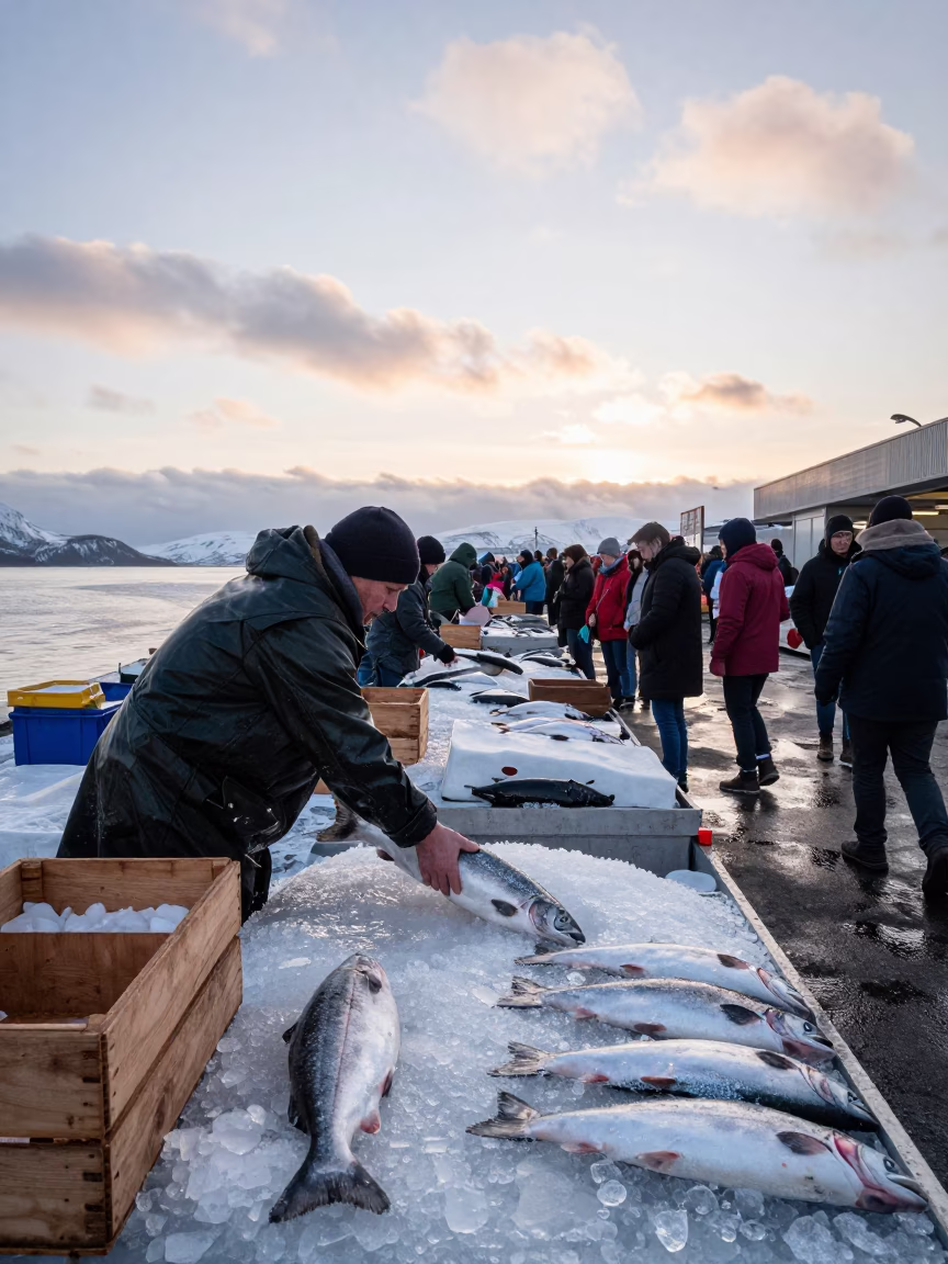 Dawn Salmon Scaling at Anchorage Market Stall in at a market stall in Anchorage