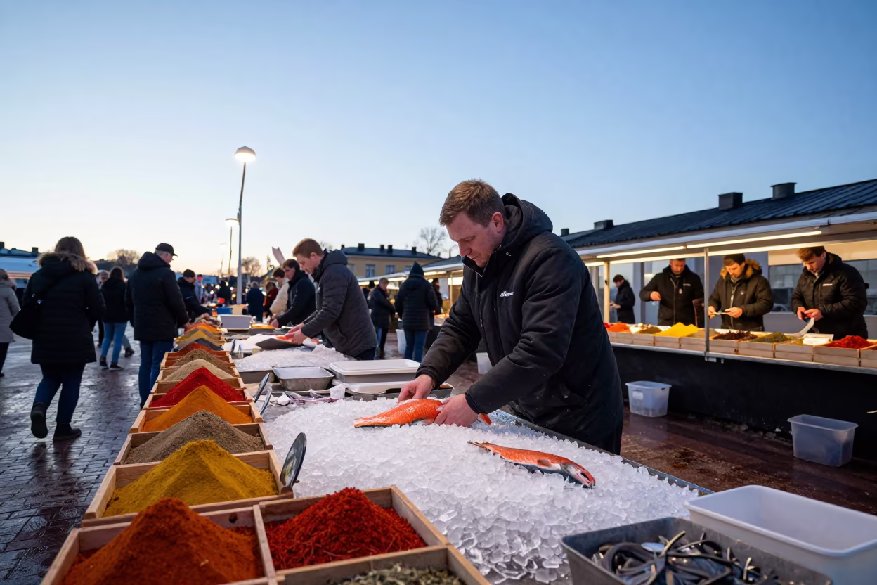 Dawn Salmon Scaling at Helsinki Spice Market in at a spice vendor's table in Punavuori, Helsinki