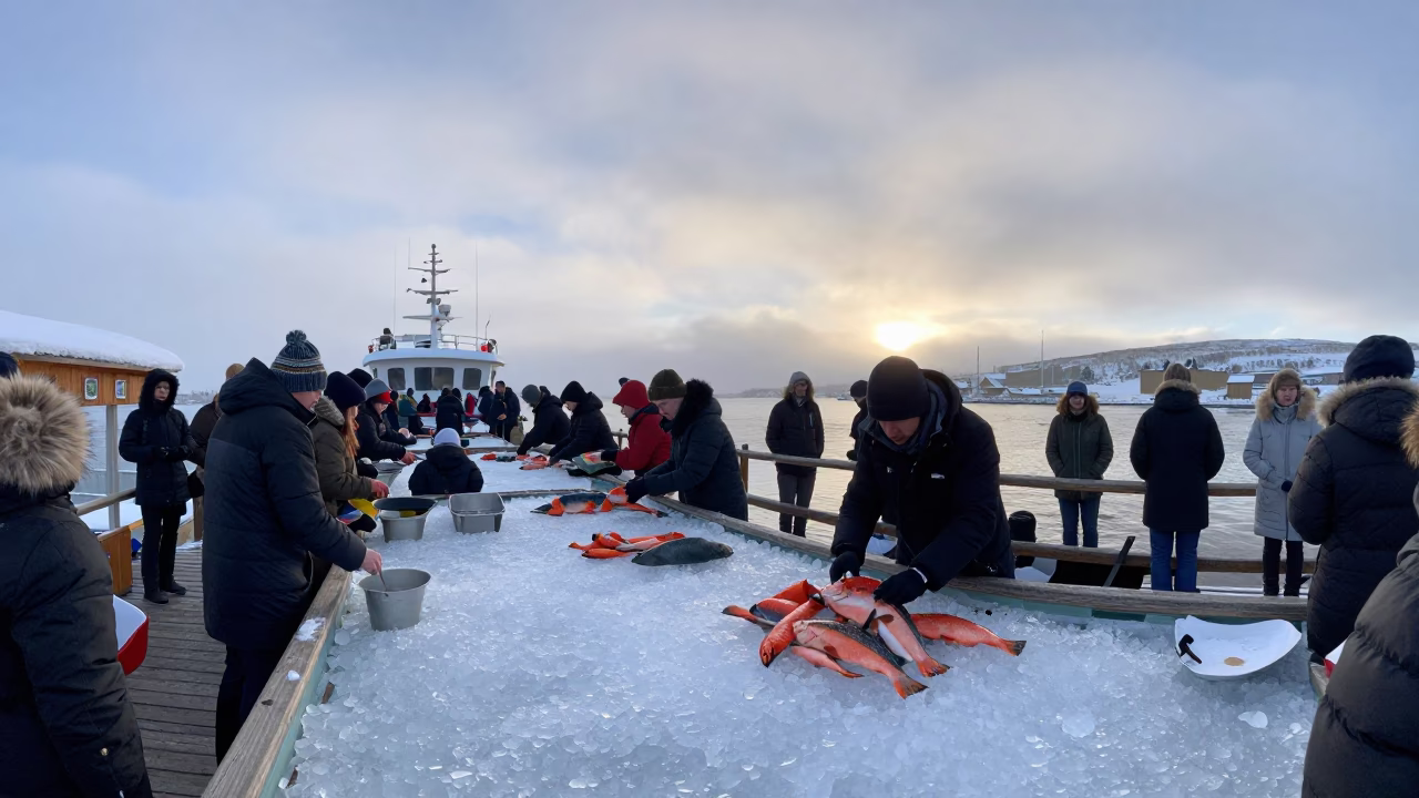 Dawn Salmon Scaling on Ice at Rovaniemi Market in at a floating market boat in Rovaniemi