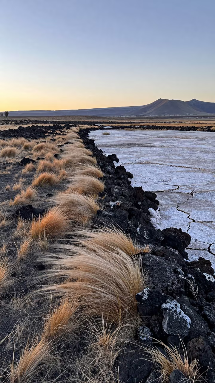Dawn Light Over Salt Marsh and Lava Ridge Near Cusco in across a wide valley floor near Cusco