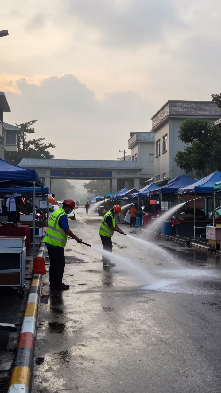 Dawn Sanitation Crew Cleans Taichung Market Street in outside a polling station entrance near Taichung