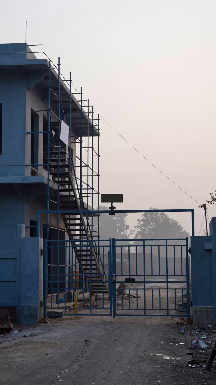 Dawn Scaffold Gate with Punch List in Gujarat in beside a framed building shell in Gujarat
