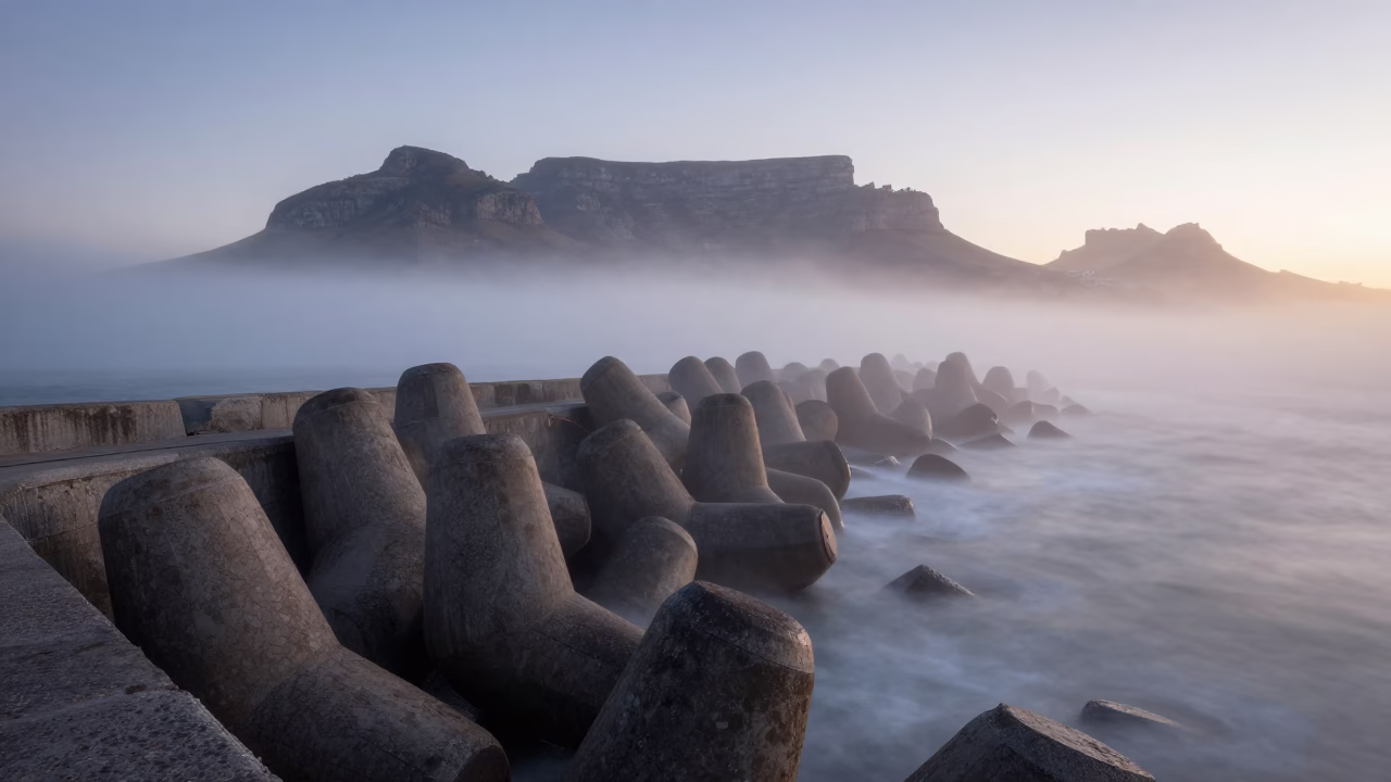 Dawn Sea Fog Crawling Over Cape Town Breakwater Before Sunrise in in Cape Town, South Africa
