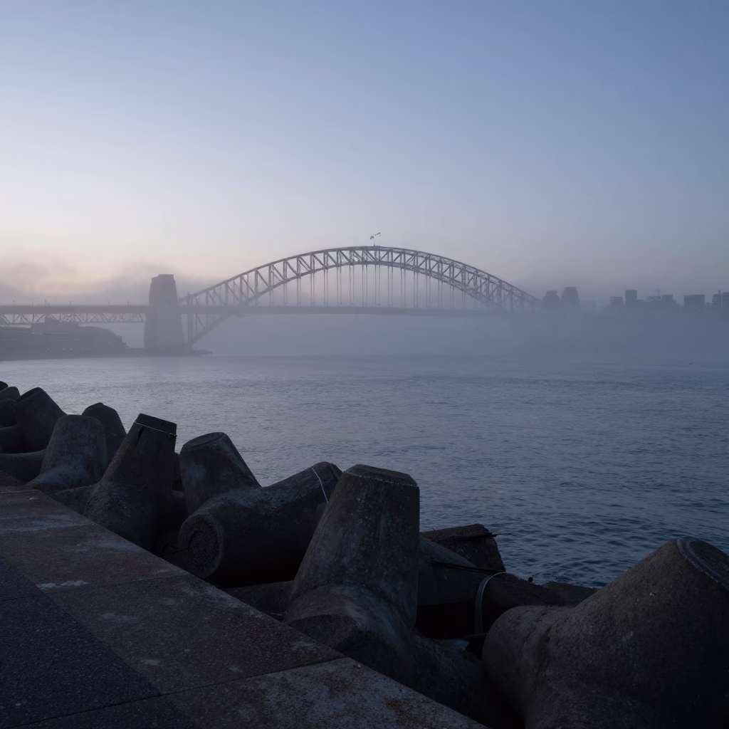Dawn Sea Fog Crawling Over Sydney Harbour Breakwater with Vintage Straw Hat in in Sydney, New South Wales, Australia