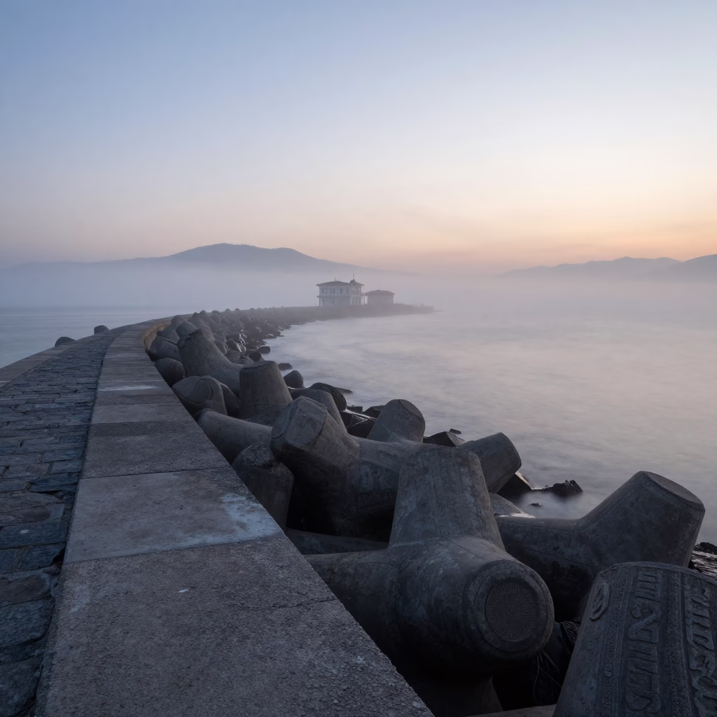 Dawn Sea Fog Over Izmir Breakwater and Coastal Architecture in in Izmir, Turkey