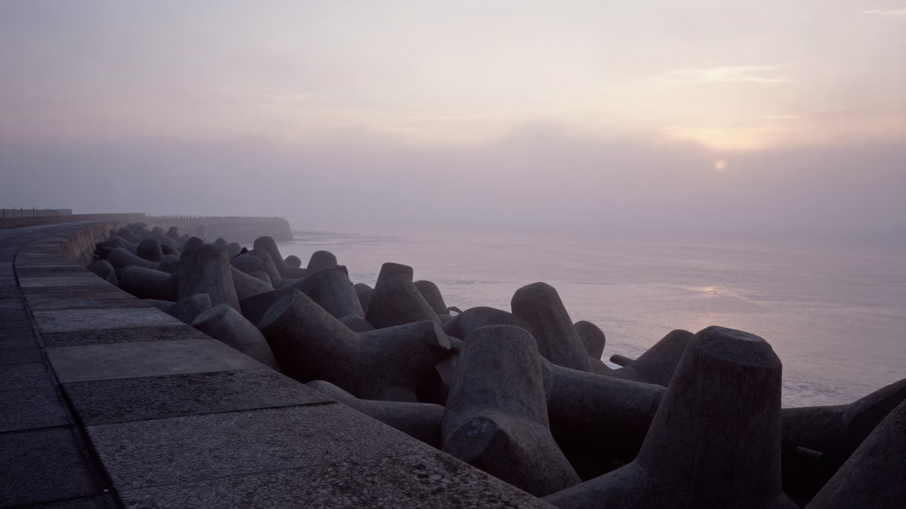 Dawn Sea Fog Over Liverpool Breakwater Stone Wall and Harbour Waters in in Liverpool, United Kingdom
