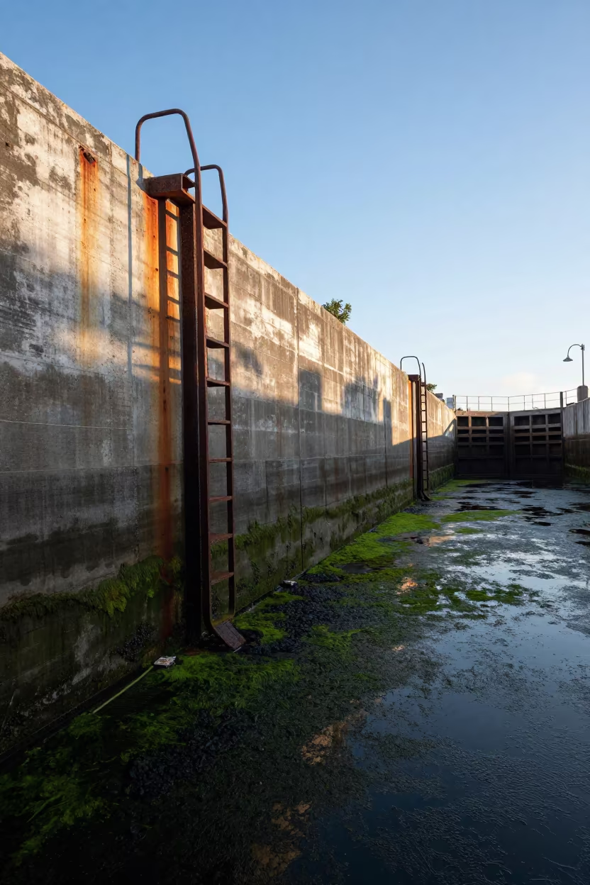 Dawn Sea Wall Storm Ladders Rust Algae Florida in at a canal lock chamber in Florida