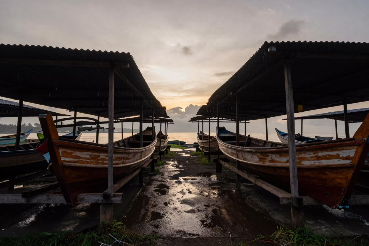 Dawn Shadow Boat Shed Ferry Crossing in across a remote ferry crossing near Yogyakarta