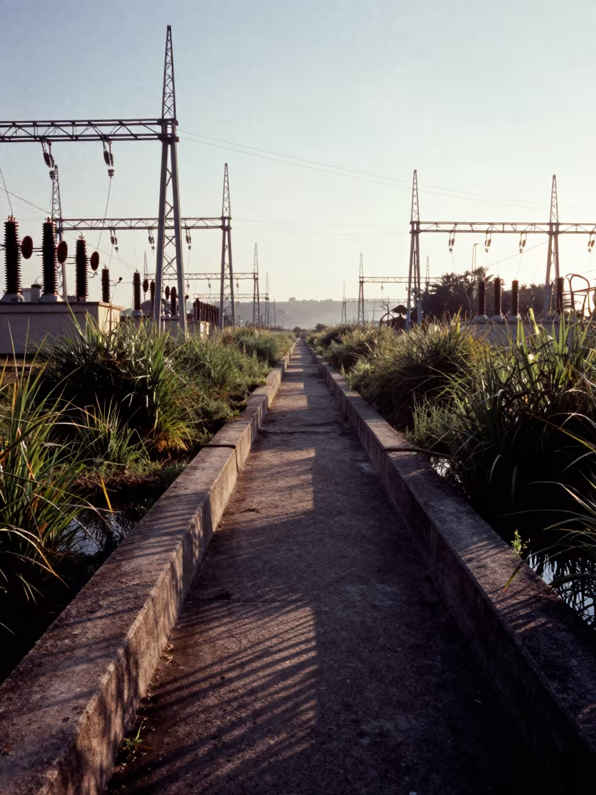 Dawn Shadow Canal Sicily Reeds Infrastructure in beneath transmission towers in Sicily