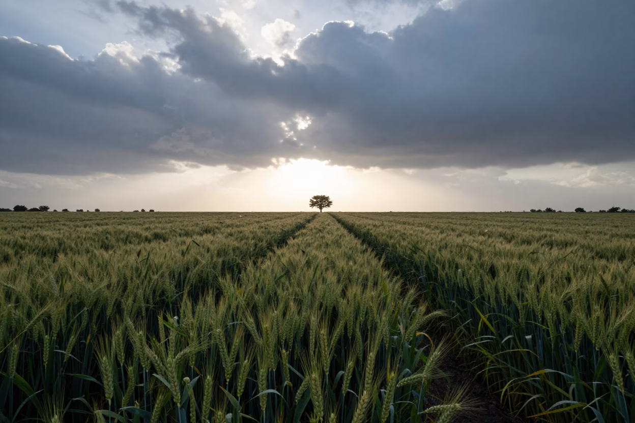 Dawn Shadow Over Wheat Rows in at the edge of a tea plantation in Kuwait