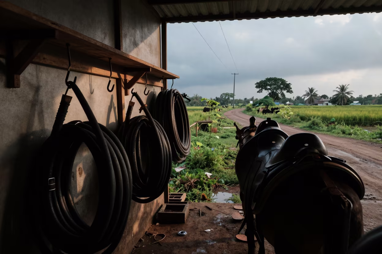 Dawn Shadow Saddle Room Coiled Hoses Tripura in along a feedlot lane in Tripura