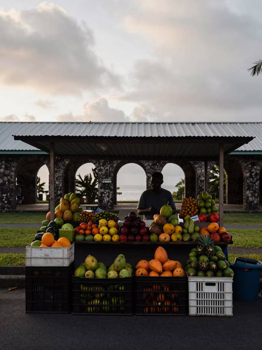 Dawn Shadow Over Seychelles Fruit Stand Canopy in at a roadside fruit stand in Victoria Seychelles