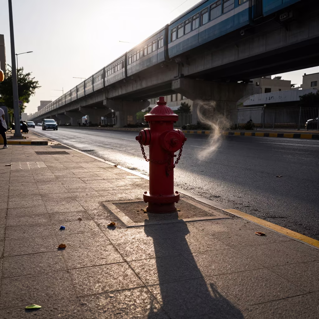 Dawn Shadow on Wet Pavement Under Herat Train Line in under an elevated train line in Herat