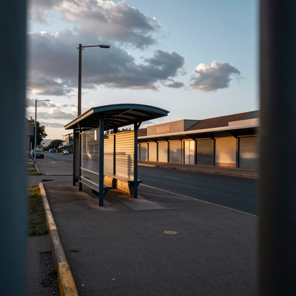 Dawn Shadow Over Windhoek Tram Stop Shops in at a tram stop in Windhoek