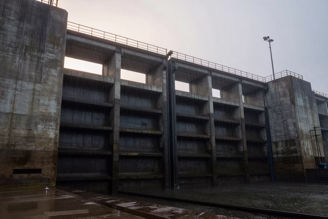 Dawn Shadows on Chelyabinsk Canal Lock in at a canal lock chamber in Chelyabinsk