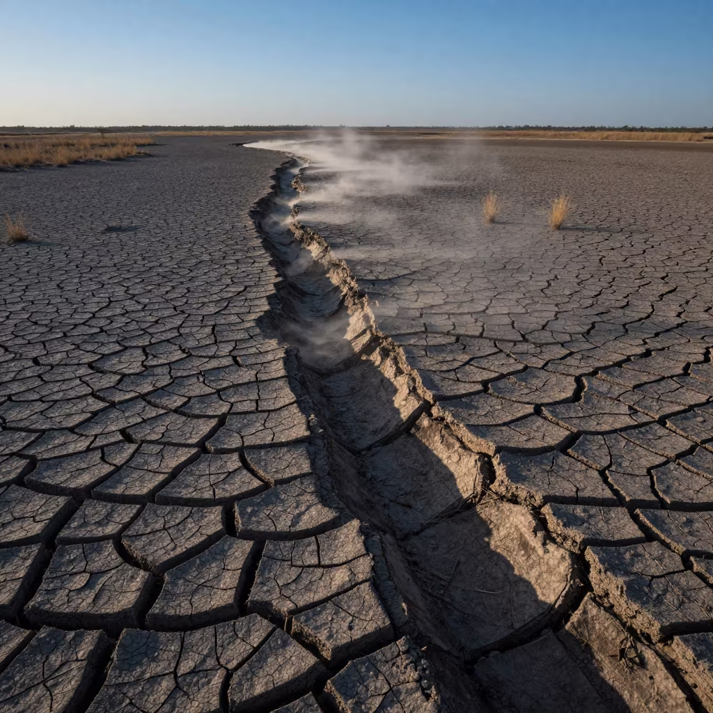 Dawn shadows on cracked drought lakebed near Tongi in along a wave-cut shoreline near Tongi