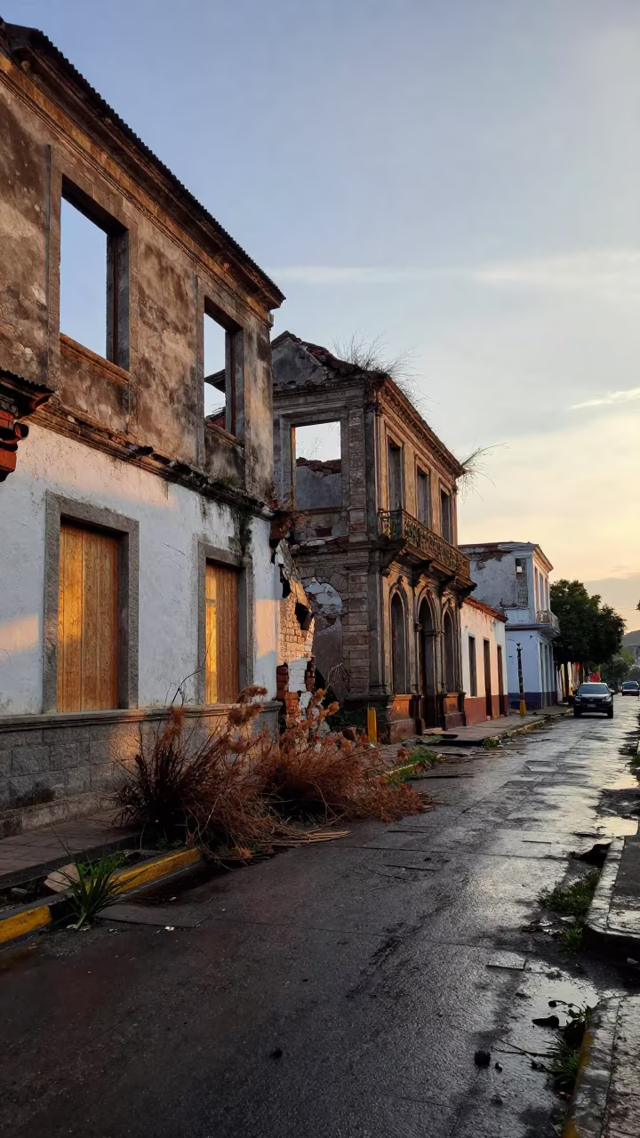 Dawn Shadows Over Cúcuta Ghost Town Ruins in among collapsed cloisters near Cúcuta