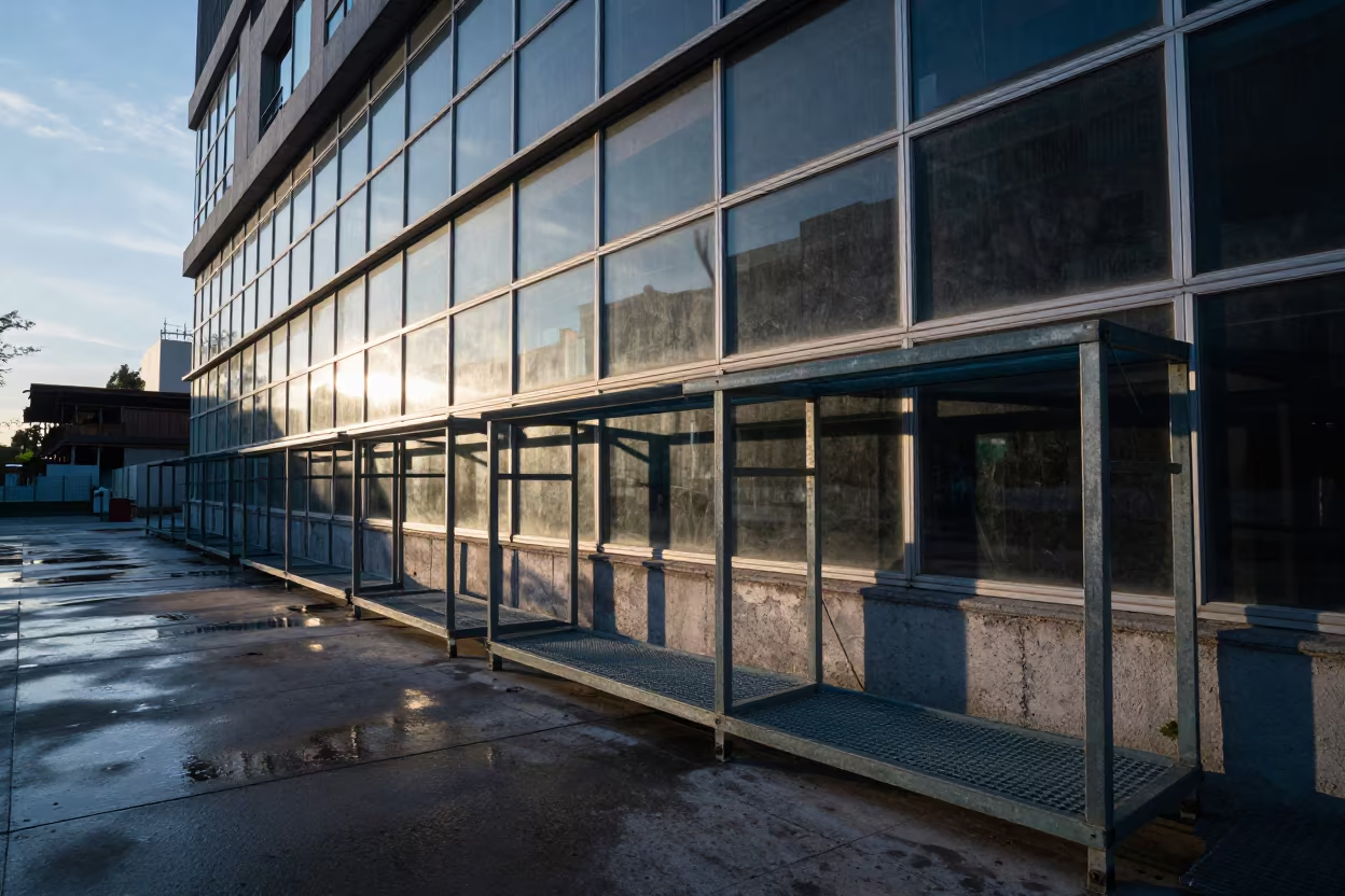 Dawn Shadows on Elevator Protection Racks Puerto Madero in beside a framed building shell in Puerto Madero, Buenos Aires