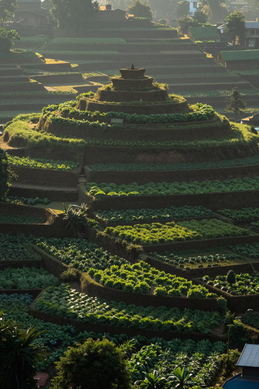 Dawn Shadows Over Kathmandu Allotment Gardens in beside a summit cairn above the tree line near Kathmandu