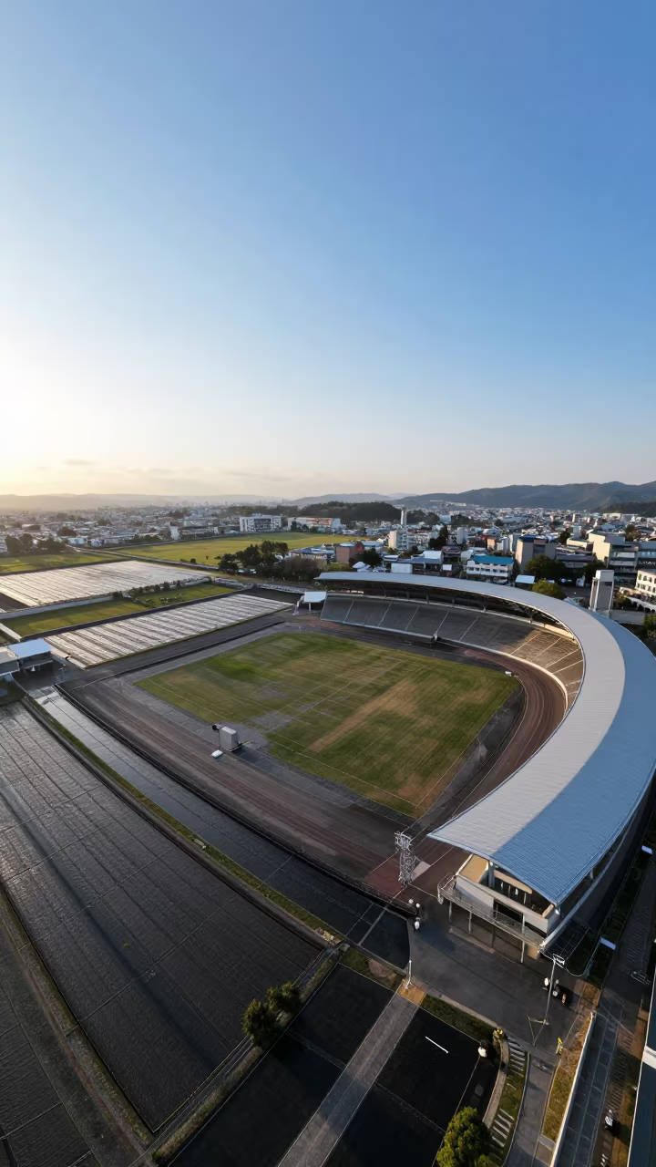 Dawn Shadows Over Irrigation Geometry Stadium in high above irrigation geometry near Kagoshima
