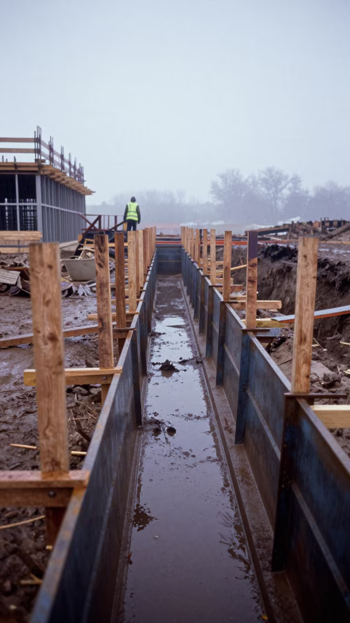 Dawn Shoring in North Dakota Monsoon Mist in beside a framed building shell in North Dakota