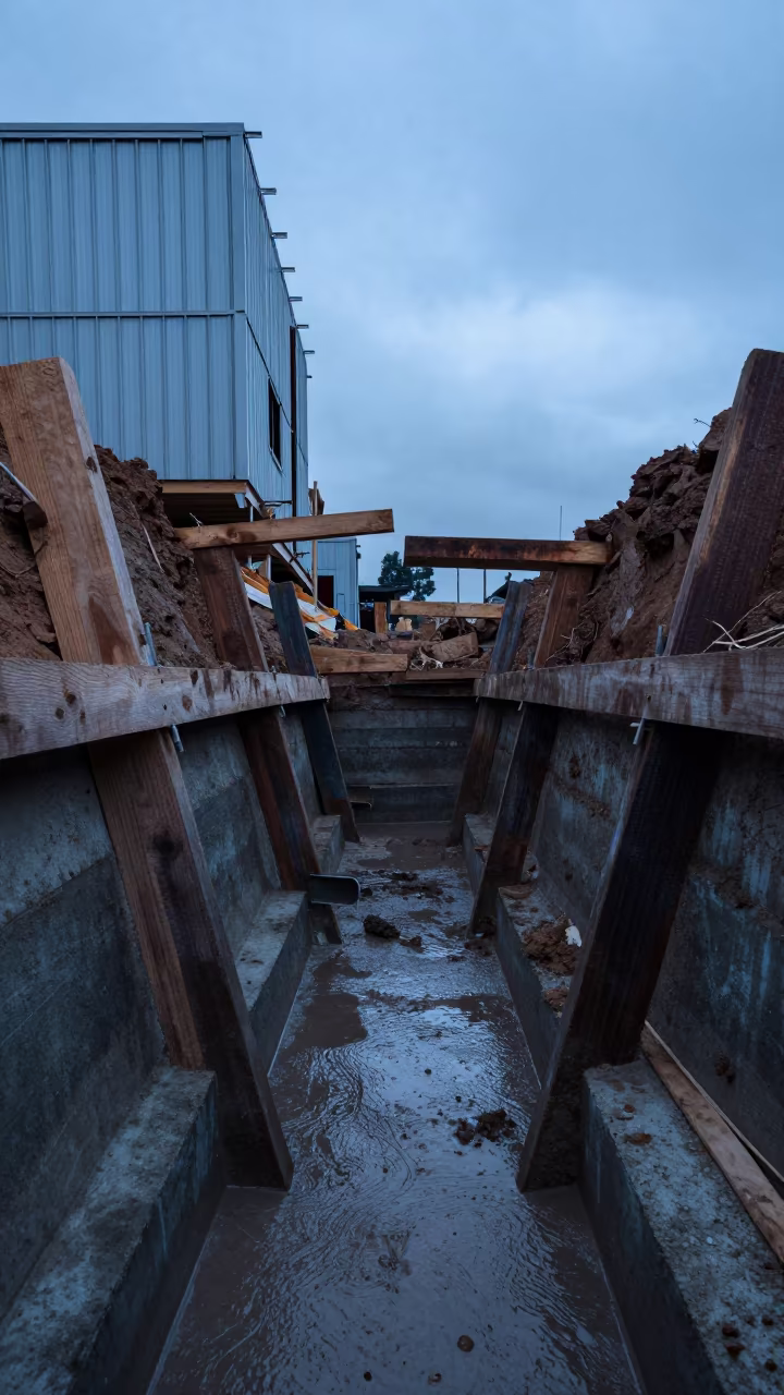 Dawn Shoring in Wet Concrete Trench in beside a framed building shell near Kitwe