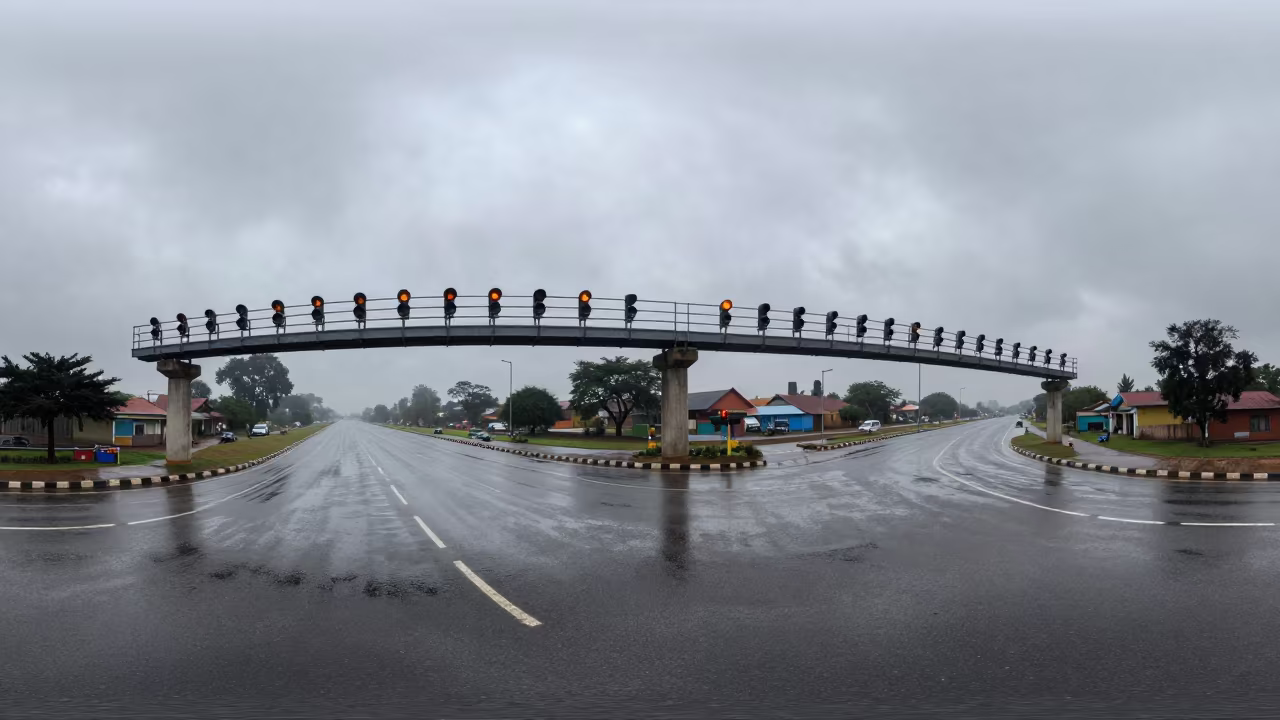 Dawn Signal Gantry Over Windy Madagascar Overpass in across a windy overpass interchange in Madagascar