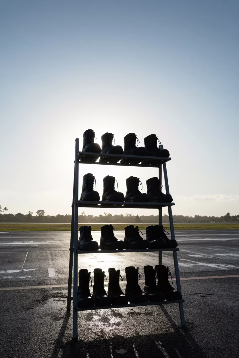 Dawn Silhouette Boot Rack Airbase Jamaica in along an airbase flight line in Jamaica
