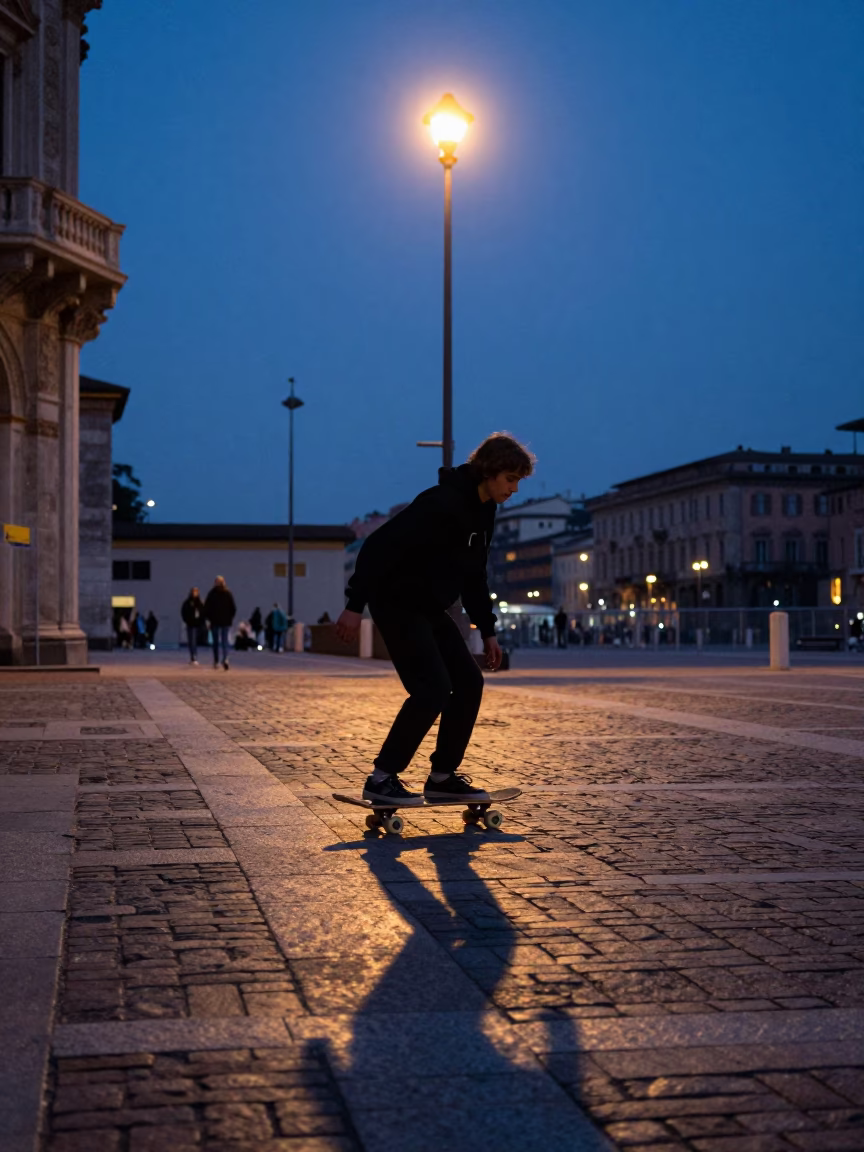 Dawn Skateboarder in Milan at Nautical Dawn Light in in Milan, Italy