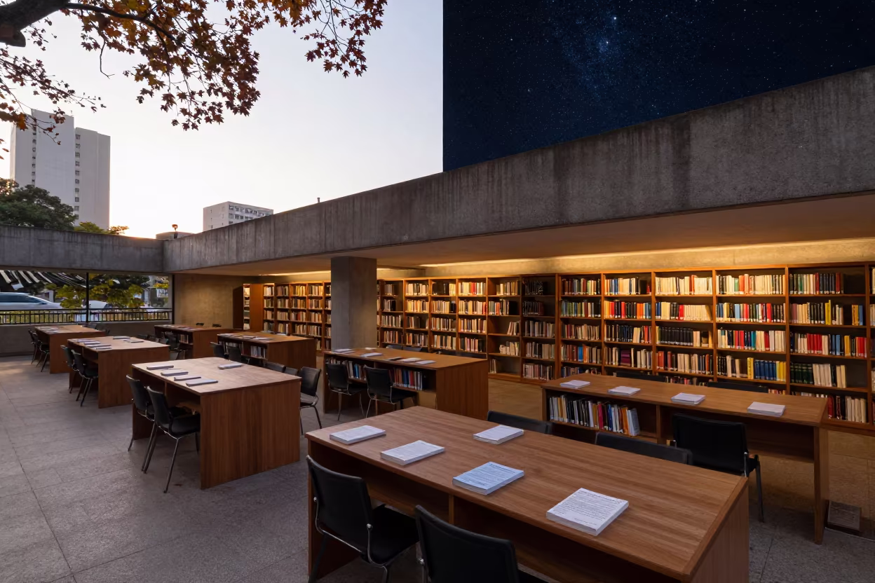 Dawn Sky Transition Over Marked Essays in São Paulo Library in inside a campus library reading room near São Paulo