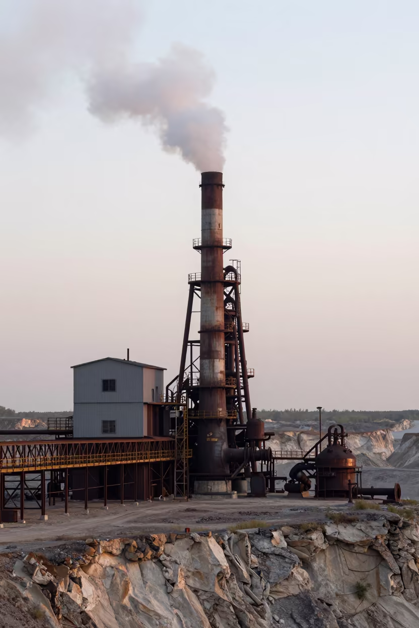 Dawn Smelter Chimney Surreal Corridor in on a quarry ledge near Kokshetau