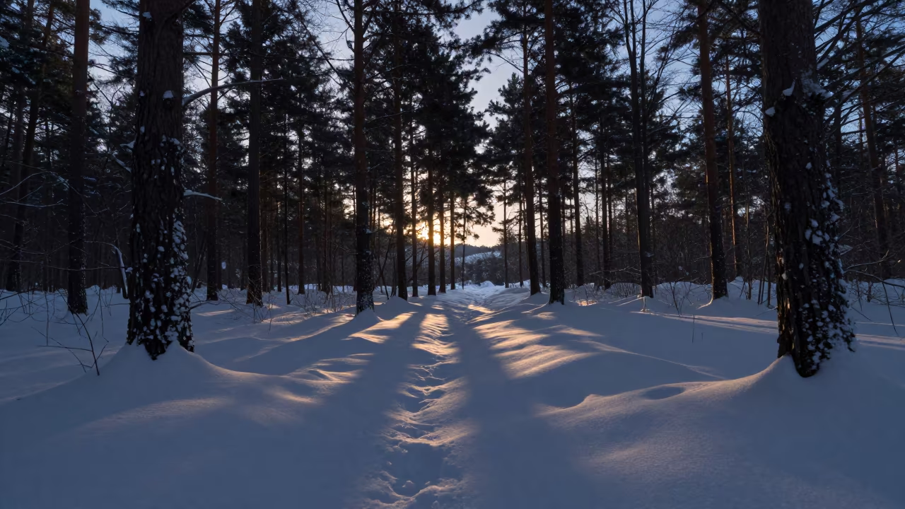 Dawn Snow in Kanto Pine Forest Shadow in beneath fast-moving cloud bands in Kanto