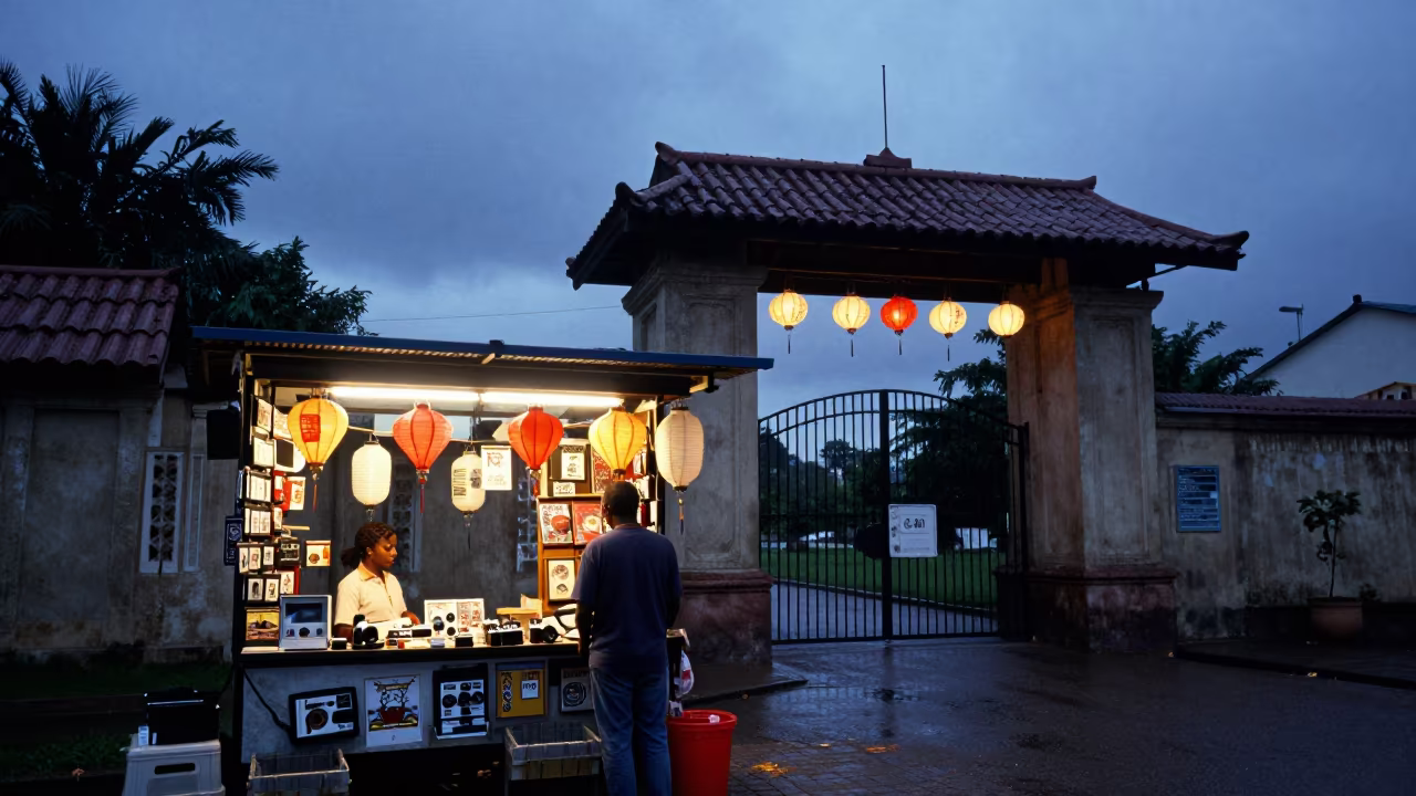 Dawn Souvenir Stall at Temple Gate Port-au-Prince in in a shrine lined with lanterns in Port-au-Prince