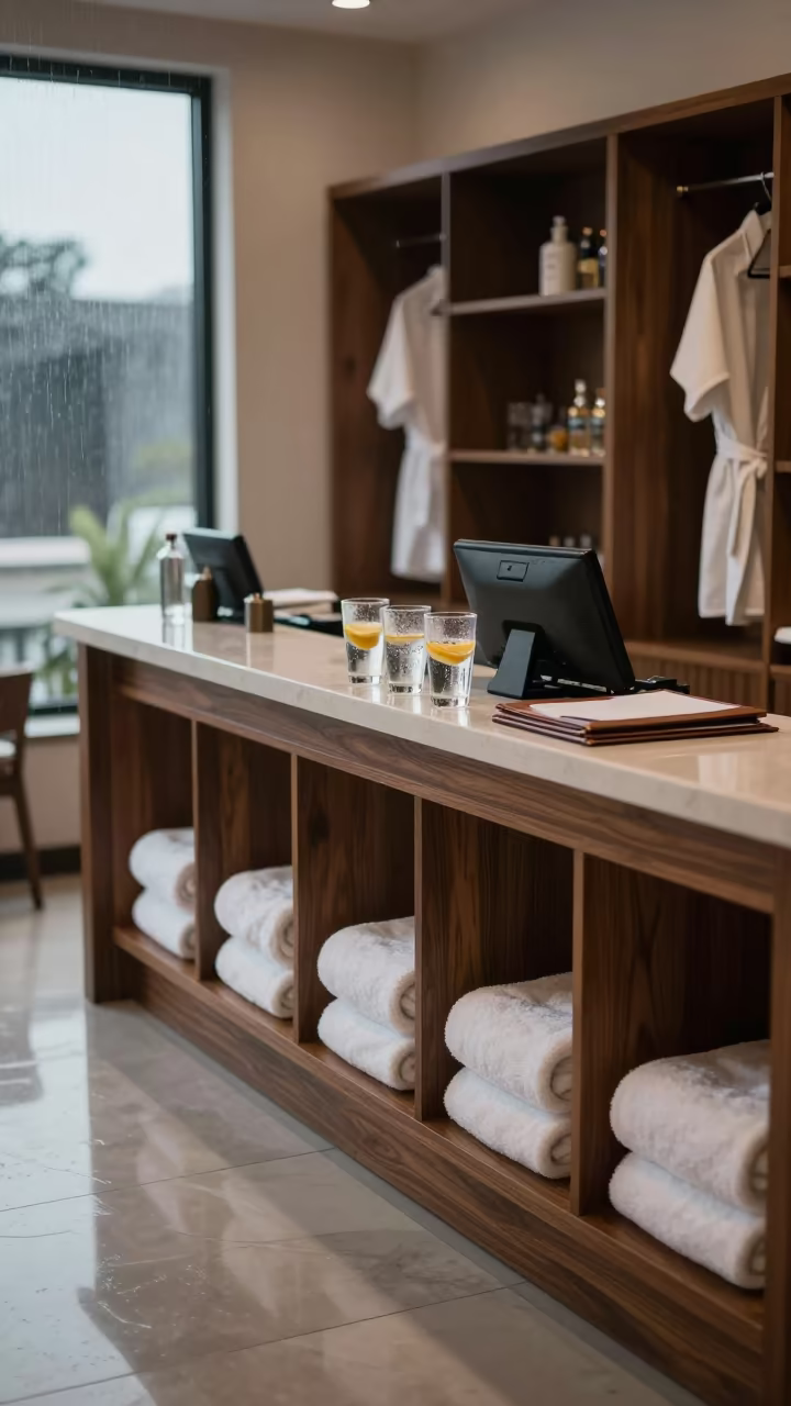 Dawn Spa Reception with Citrus Water and Robes in inside a banquet hall before service near Victoria Island, Lagos