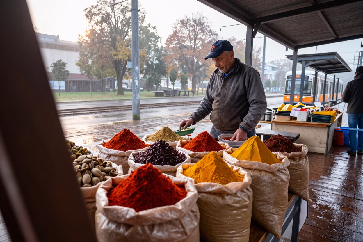 Dawn Spice Stall in Monte Grande Drizzle in at a spice vendor's table in Monte Grande