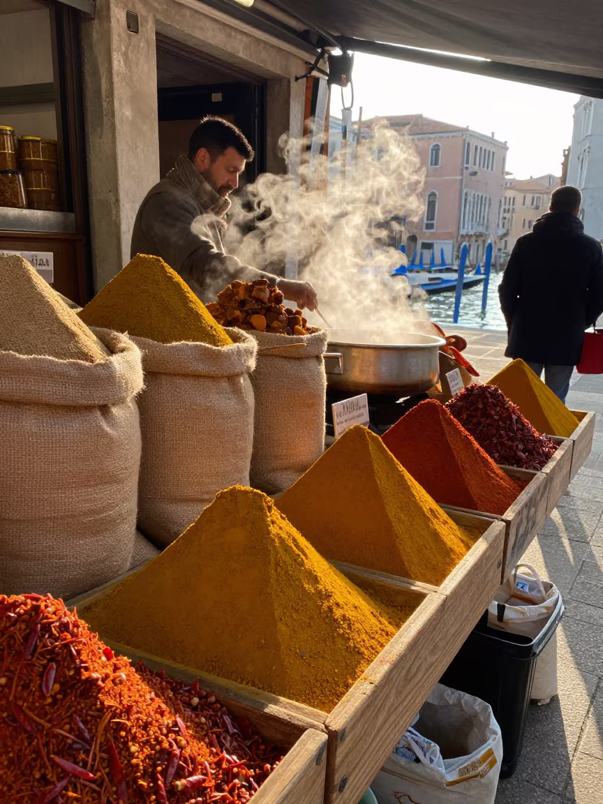 Dawn Spice Table Venice Market in at a spice vendor's table in Venice