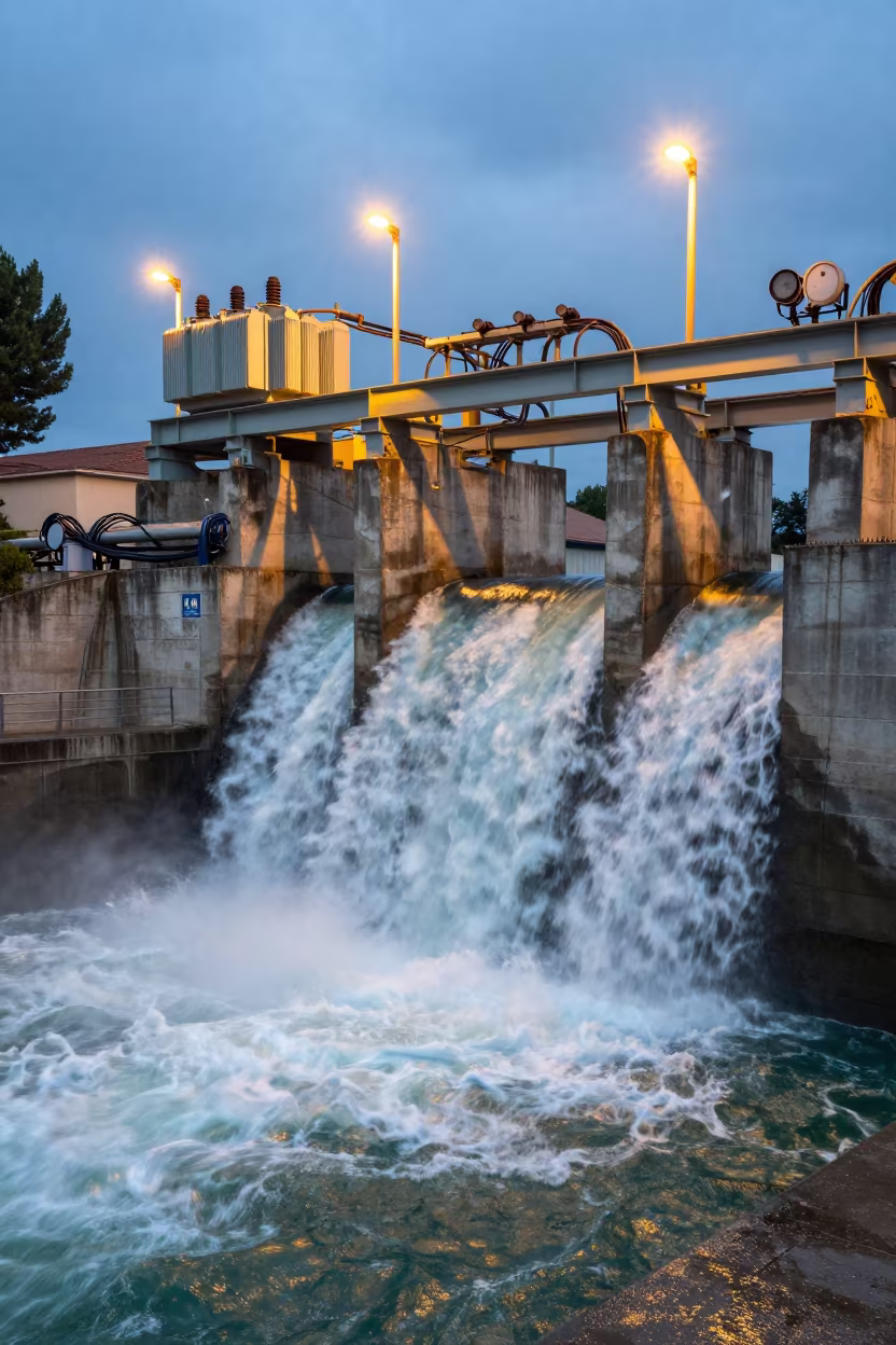 Dawn spillway white water Provence steel in above a spillway chute with spray rising in Provence