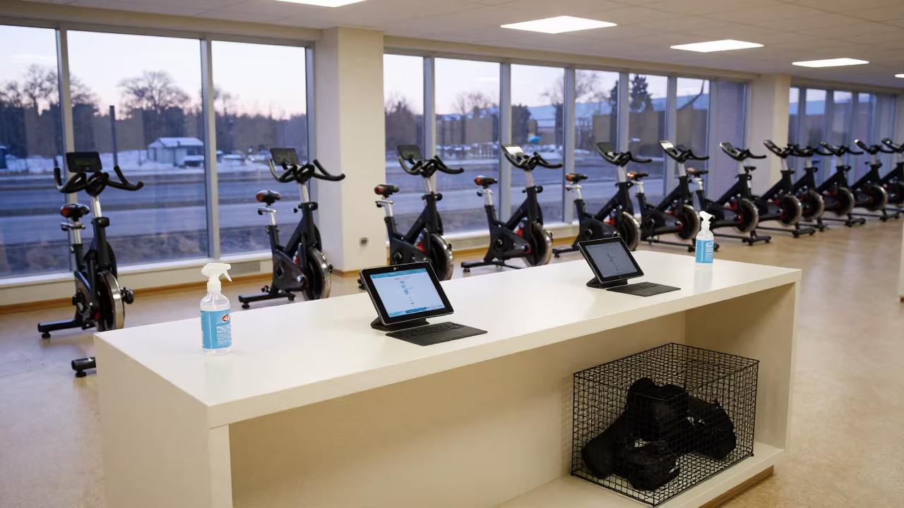 Dawn Spin Studio Podium with Tablets and Gear in along a row of machines in a bright gym in Körfez
