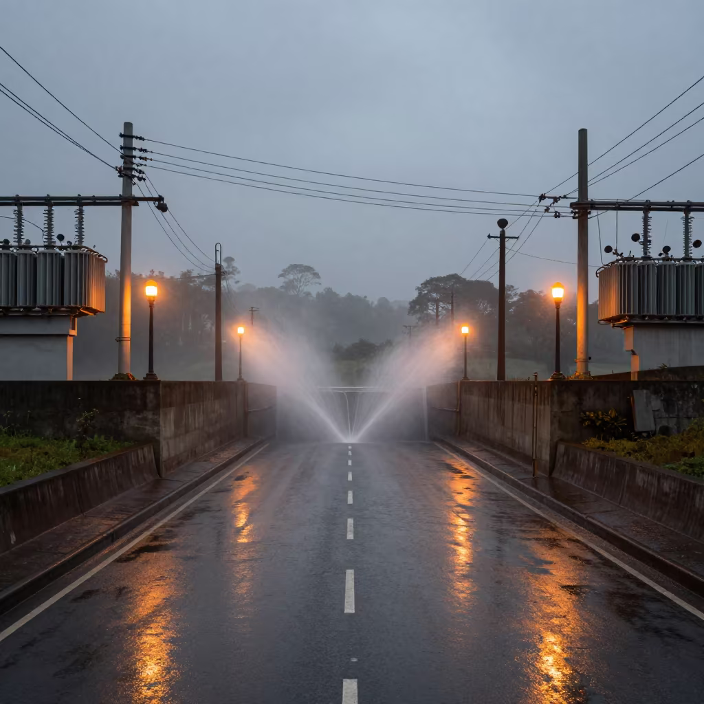 Dawn Spray on Dam Crest Road Rim Light in above a spillway chute with spray rising near Nairobi