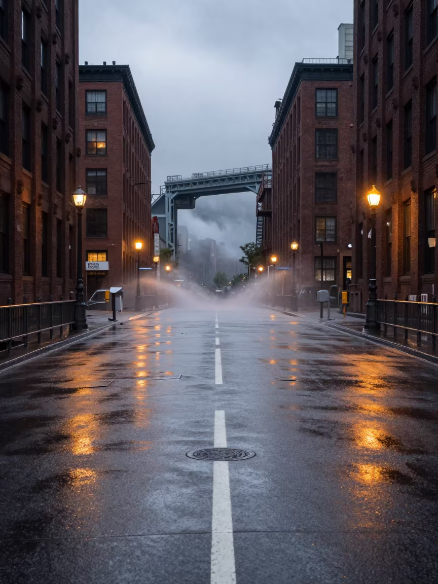 Dawn Spray on Dam Crest Road with Warning Lights in above a spillway chute with spray rising in Dumbo, New York